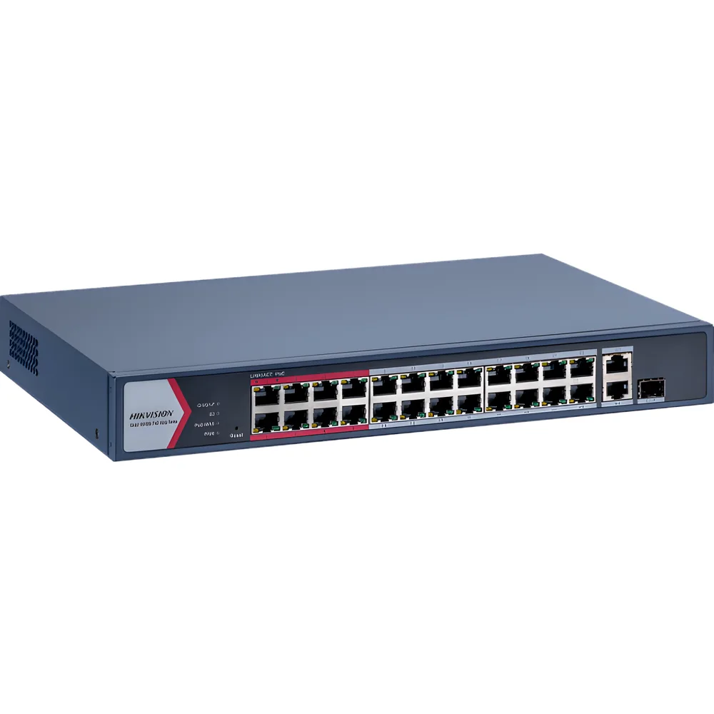 Switch Gigabit PoE+ / Monitoreable / 24 Puertos 1000 Mbps PoE+ / 1 Puerto 1000 Mbps de Uplink / 1 Puerto SFP /  Configuración Nube desde Hik-PartnerPro / Modo Extendido hasta 300 Metros / 230 Watts – vista 2