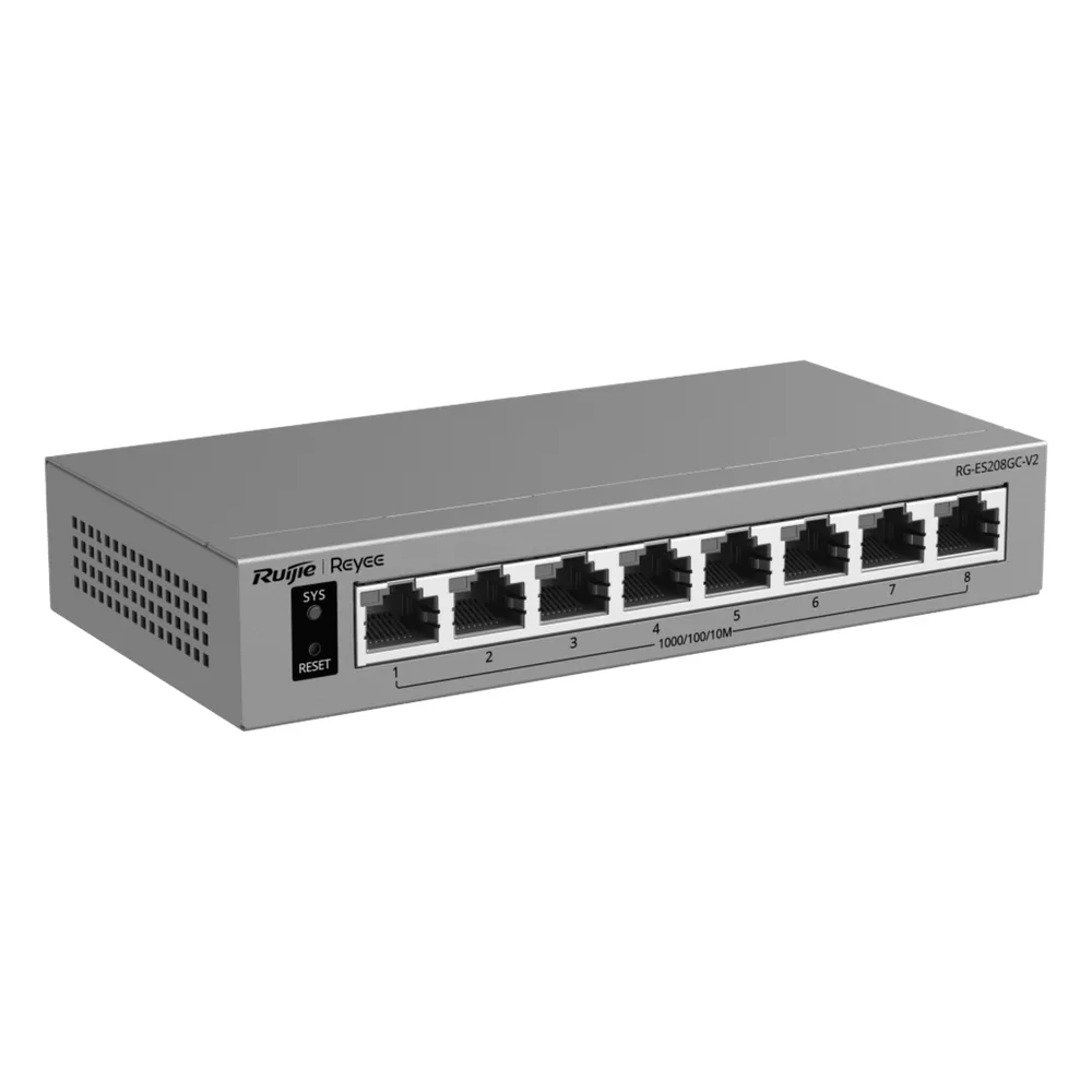 Switch Gigabit Smart Cloud-Managed / 8 Puertos 10/100/1000BASE-T / Capa 2 / Switching 16 Gbps / AI-Powered Failover / Modo CCTV Un-Click / Gestión Cloud Ruijie & App Reyee / Diseño Fanless / Gabinete Metal / Protección Surge 6 kV – vista 2