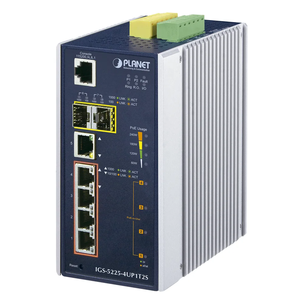 Switch Industrial Administrable 4 Puertos Gigabit c/Ultra PoE 802.3af/at, 2 Puertos SFP
