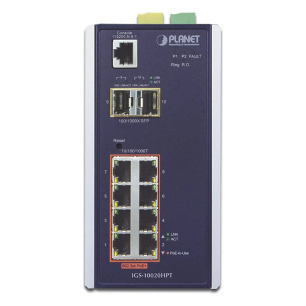Switch Industrial Administrable Capa 2, 8 puertos PoE Gigabit 802.3af/at, 2 Puertos SFP de 1 / 2.5 Gigabit, Entrada de Voltaje Secundaria para Fuente Redundante – vista 2
