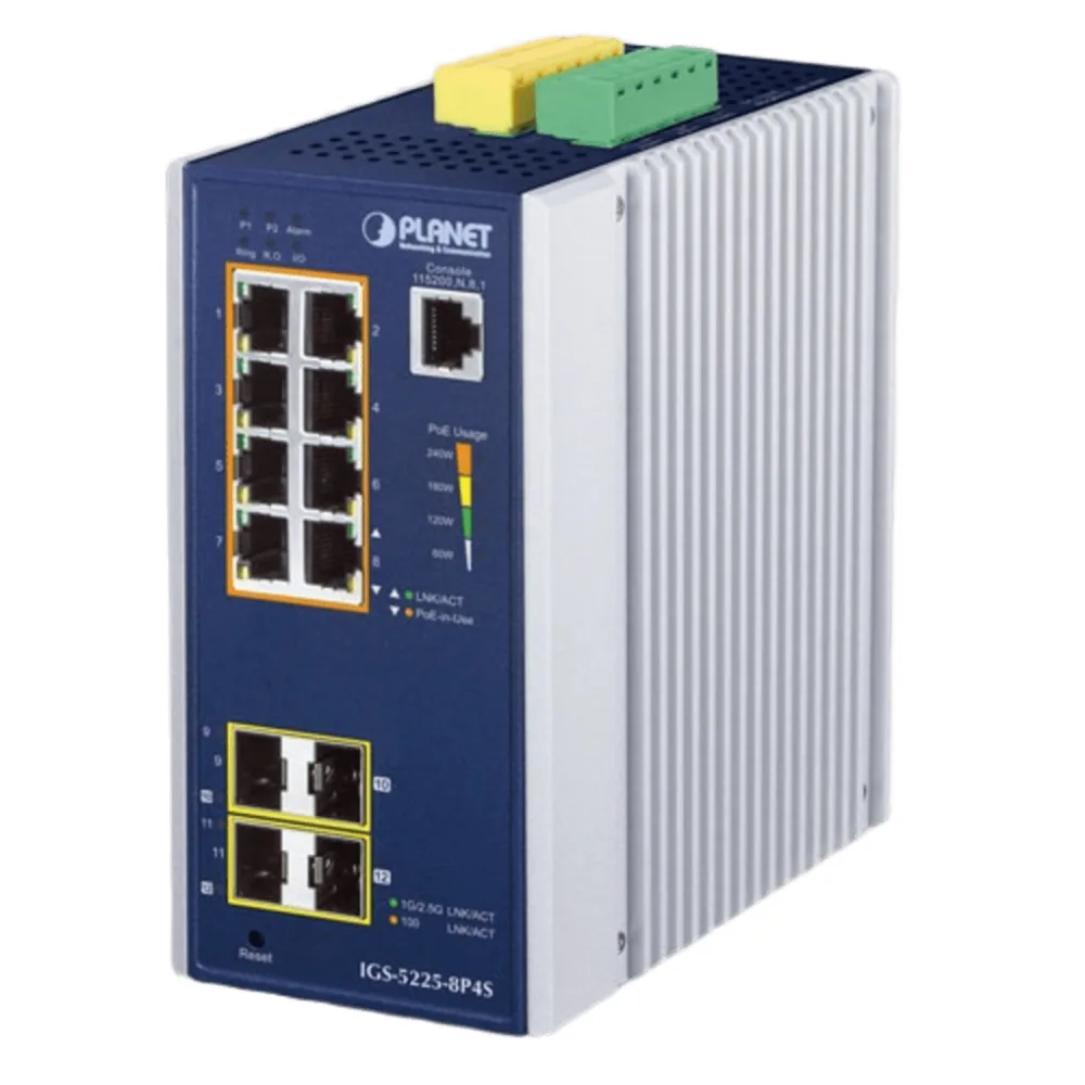 Switch Industrial Administrable Capa2, 8 Puertos Gigabit con PoE+ 802.3at, 2 Puertos SFP de 100/1G y 2 Puertos SFP de 100/1G/2.5G