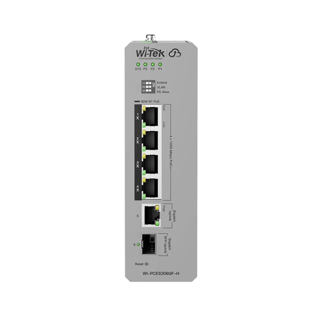 Switch Industrial PoE / 4 Puertos Gigabit PoE++ (802.3bt) / 1 Puerto Gigabit + 1 SFP / Alimentación DC 12-57V / Fanless / DIN-Rail / -30°C a 65°C / 55W-300W Budget PoE – vista 2