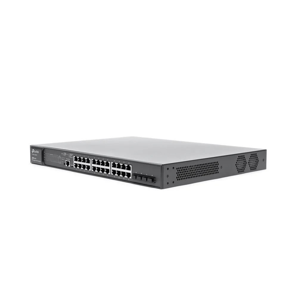 Switch JetStream PoE+ administrable Capa 2, 24 puertos 10/100/1000 Mbps + 4 puertos SFP 384 W – vista 3