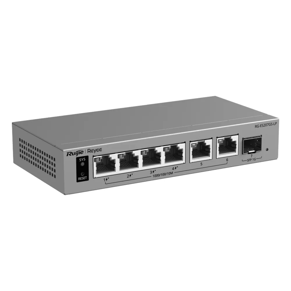Switch Layer 2 Smart Cloud Managed / 7 Puertos Gigabit / 4 Puertos PoE+ 54 W / 1 Puerto SFP Uplink / 14 Gbps Switching Capacity / Diseño Sin Ventilador / Protección 6 kV / Ruijie Cloud / CCTV Mode – vista 2
