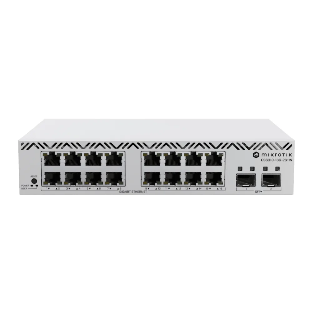 Switch MikroTik con 16 Puertos Gigabit Ethernet / 2 Puertos SFP+ 10G / Filtrado MAC y VLANs / SwOS Configuración Web – vista 2