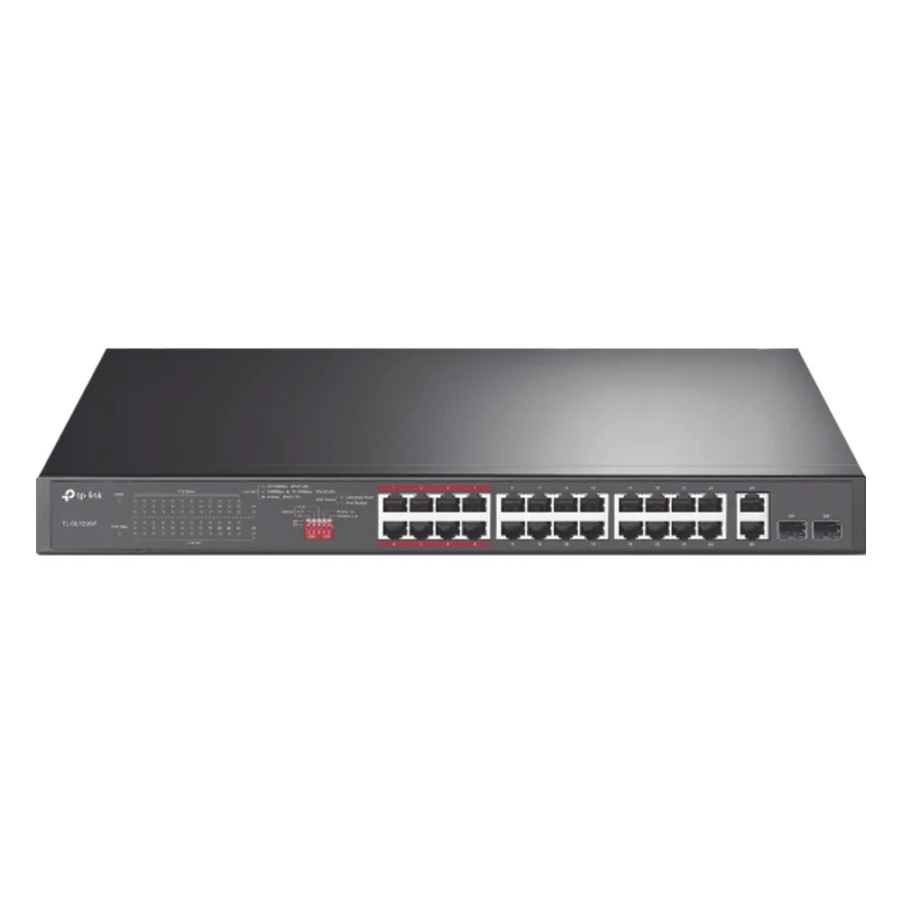 Switch No Administrable 24 Puertos PoE+ 10/100 Mbps / 2 Puertos 10/100/1000 Mbps + 2 Puertos SFP (combo) / Modo Prioridad de Tráfico / Modo Aislamiento de Red / Presupuesto PoE de 250 W / Diseño para Ideal para Vigilancia IP