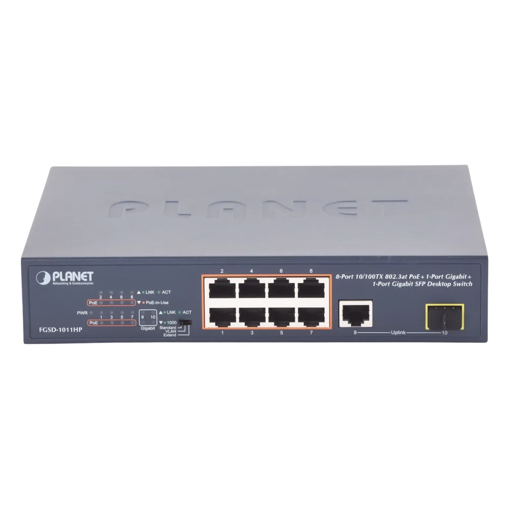 Switch no Administrable 8 puertos 10/100 PoE 802.3af/at 135W, 1 puerto Uplink 10/100/1000 y 1 SFP 100/1000 para escritorio – vista 2