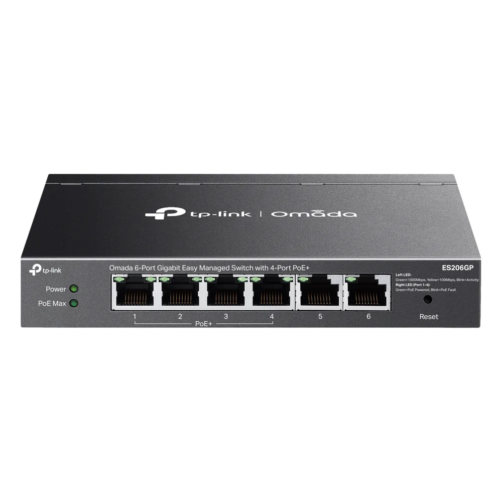Switch Omada 6 Puertos Gigabit / 4 Puertos PoE+ 65W / Gestión Cloud SDN / Sin Ventiladores / QoS / VLAN / IGMP Snooping / 250 m PoE