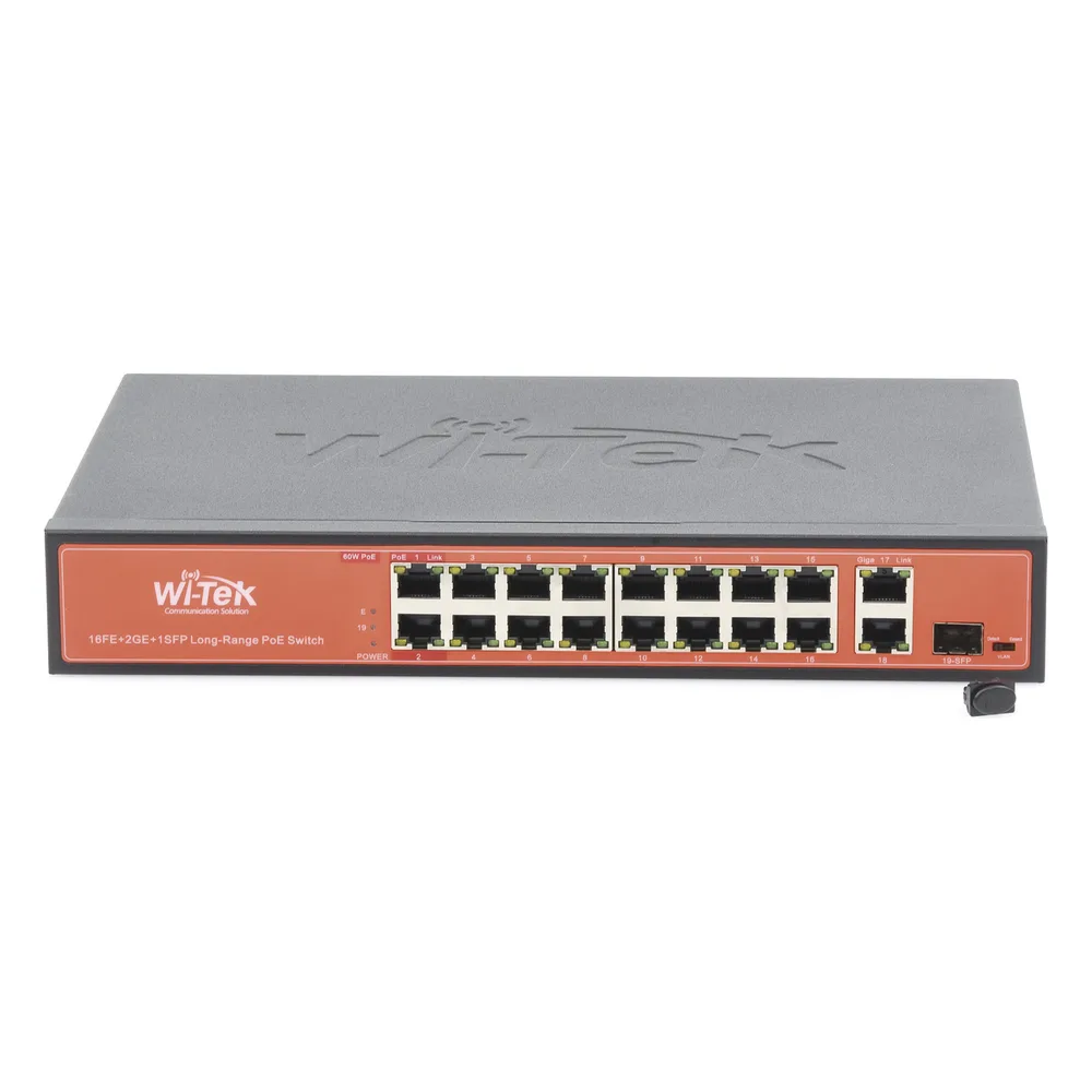 Switch PoE (802.3af/at/bt) / No administrable de largo alcance / Hasta 250m / 16 x 10/100Mbps (PoE) + 2 x 100/1000Mbps + 1 x SFP / 200 W – vista 2