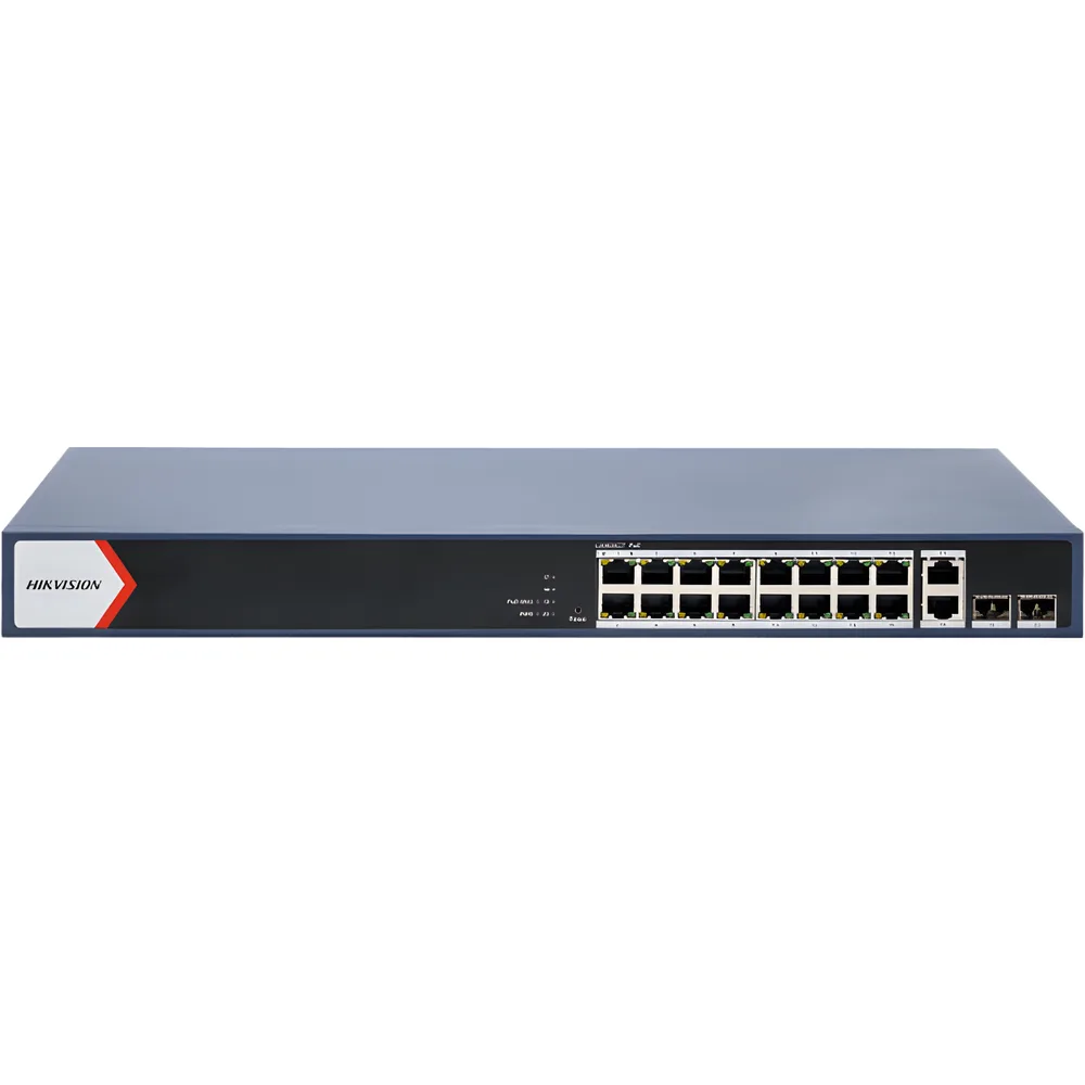 Switch PoE+ / Administrable / 16 puertos 1000 Mbps PoE+ / 2 Puertos 1000 Mbps Uplink / 2 Puertos SFP de Uplink /  Configuración Nube Hik-Partner Pro / Modo Extendido hasta 300 metros / 230 W – vista 2