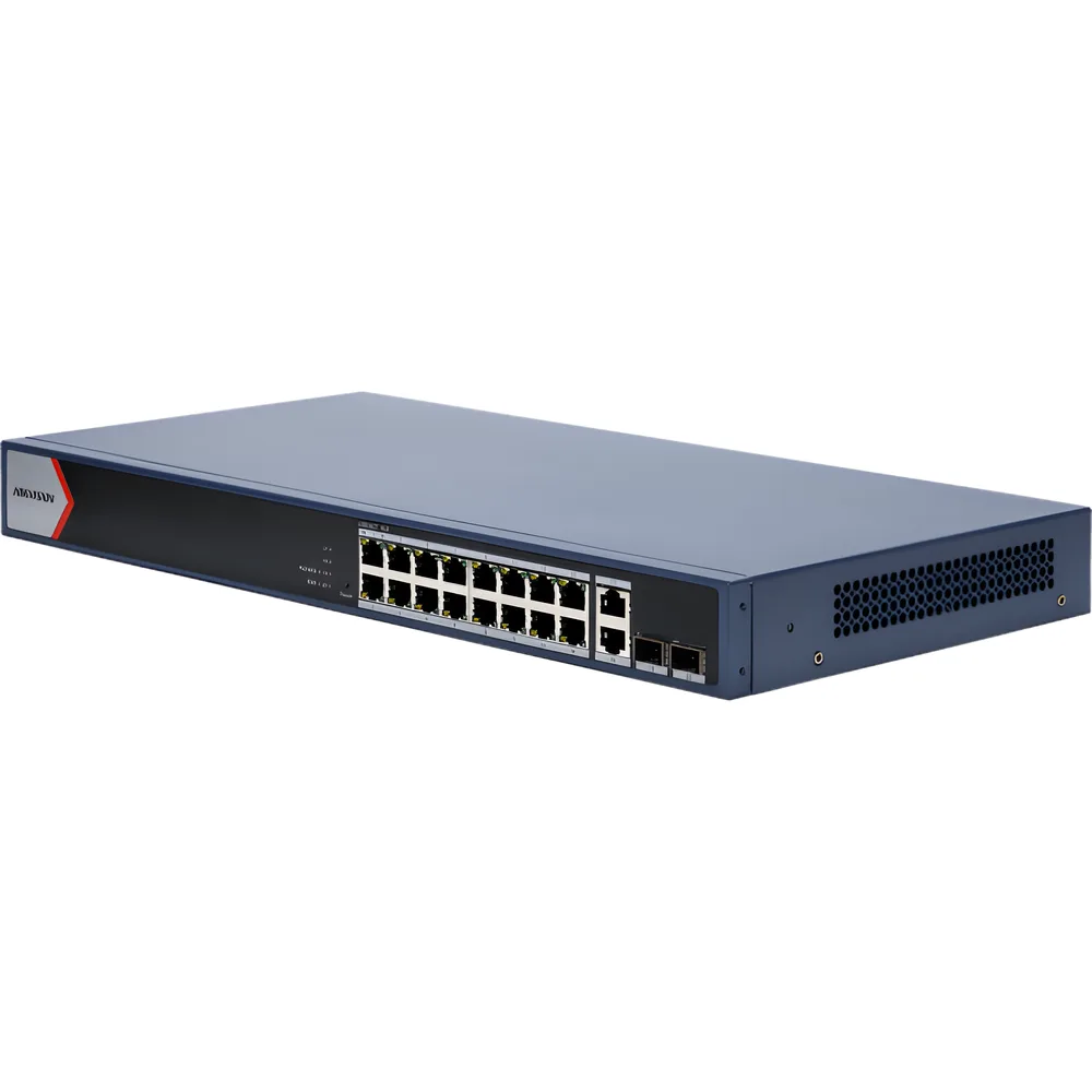 Switch PoE+ / Administrable / 16 puertos 1000 Mbps PoE+ / 2 Puertos 1000 Mbps Uplink / 2 Puertos SFP de Uplink /  Configuración Nube Hik-Partner Pro / Modo Extendido hasta 300 metros / 230 W – vista 5