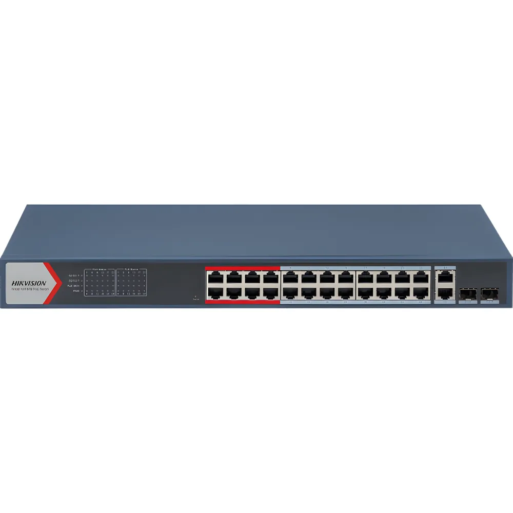 Switch PoE+ Administrable / 24 Puertos 10/100 Mbps PoE+ / 2 Puertos Gigabit Combo / 370 W / Modo Extendido 300 m / Hik-Partner Pro / 6 kV Protección – vista 2