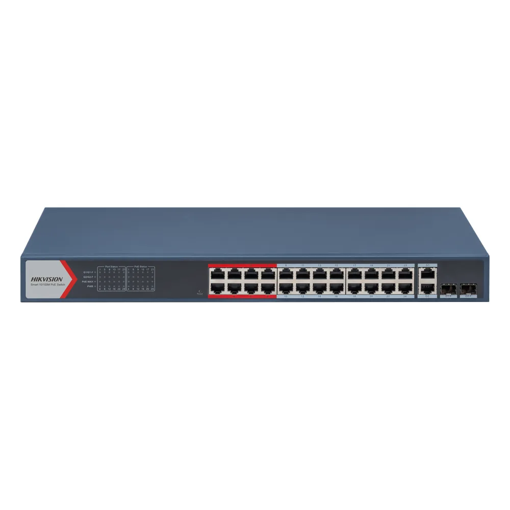 Switch PoE+ Administrable / 24 Puertos 10/100 Mbps PoE+ / 2 Puertos Gigabit Combo / 370 W / Modo Extendido 300 m / Hik-Partner Pro / 6 kV Protección