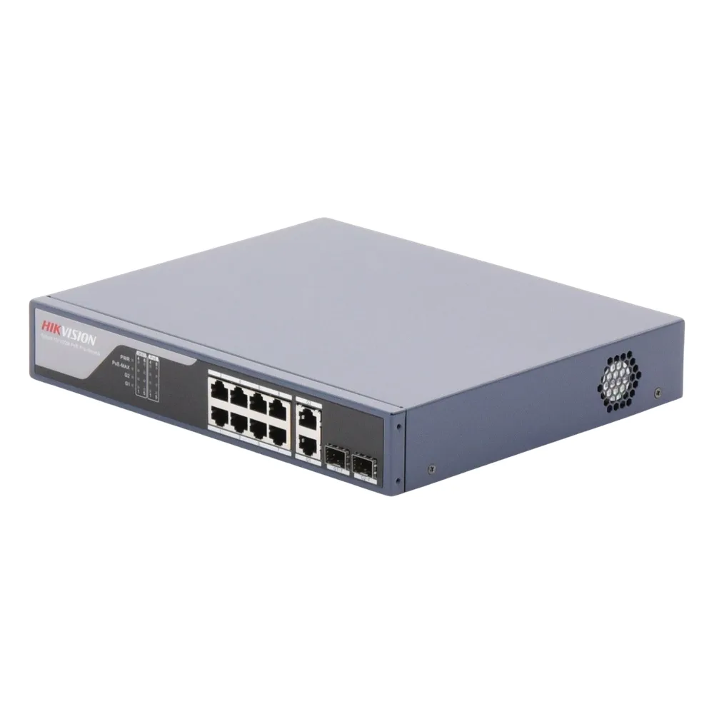 Switch PoE+ / Administrable / Uso en Rack / 8 Puertos 10/100 PoE+ /  2 Puertos 1000 Mbps Uplink  / 2 Puertos SFP / Configuración Nube desde Hik-PartnerPro / Modo Extendido hasta 300 Metros / 125 W – vista 2