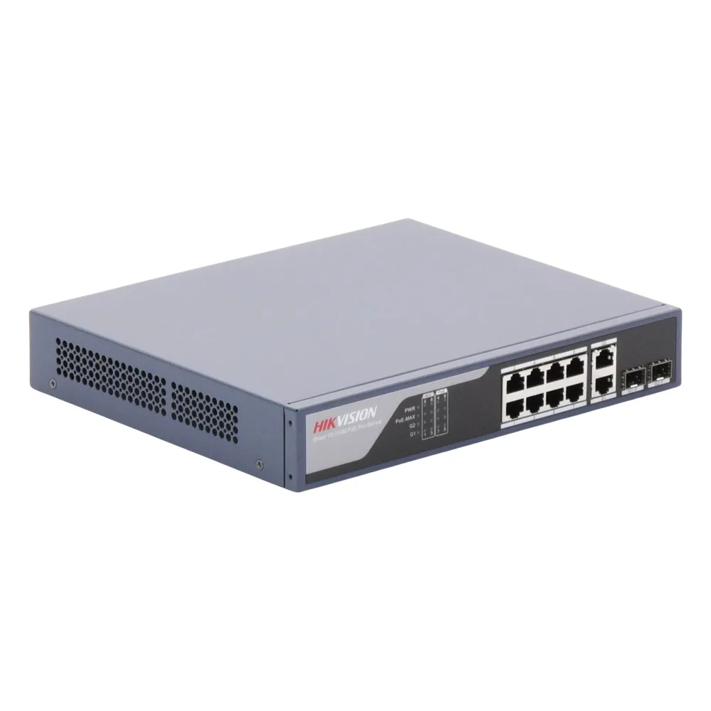 Switch PoE+ / Administrable / Uso en Rack / 8 Puertos 10/100 PoE+ /  2 Puertos 1000 Mbps Uplink  / 2 Puertos SFP / Configuración Nube desde Hik-PartnerPro / Modo Extendido hasta 300 Metros / 125 W – vista 4