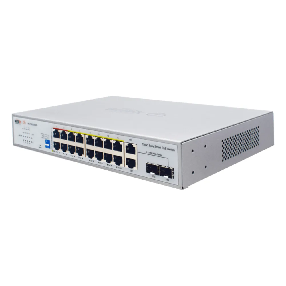 Switch PoE / Administración en la nube / Con 16 puertos 10/100 Mbps PoE af/at (Puertos 1-4: bt 90W) / 2 Puertos Uplink 10/100/1000 Mbps / 1 Puerto SFP Gigabit / Presupuesto 250 W / PoE hasta 250 metros / Soporta protocolo ONVIF – vista 2