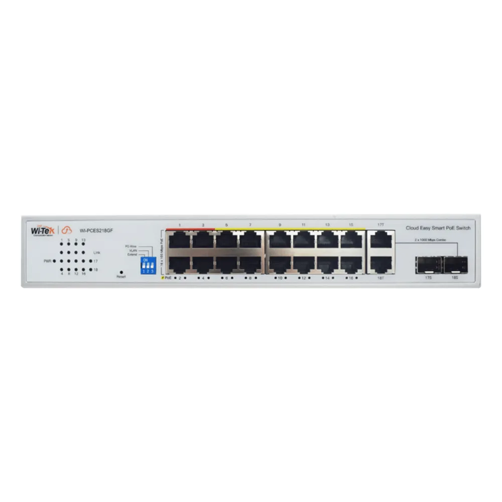 Switch PoE / Administración en la nube / Con 16 puertos 10/100 Mbps PoE af/at (Puertos 1-4: bt 90W) / 2 Puertos Uplink 10/100/1000 Mbps / 1 Puerto SFP Gigabit / Presupuesto 250 W / PoE hasta 250 metros / Soporta protocolo ONVIF – vista 4