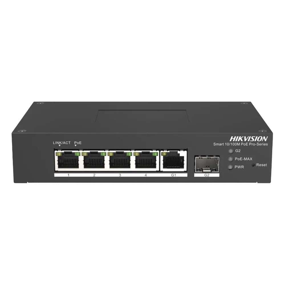 Switch PoE+ Industrial de Escritorio / Administrable / 4 Puertos 10/100 Mbps PoE+ / 1 Puerto 1000 Mbps Uplink / 1 Puertos SFP  /  Configuración Nube Hik-PartnerPro / Modo Extendido hasta 300 Metros / 60 Watts