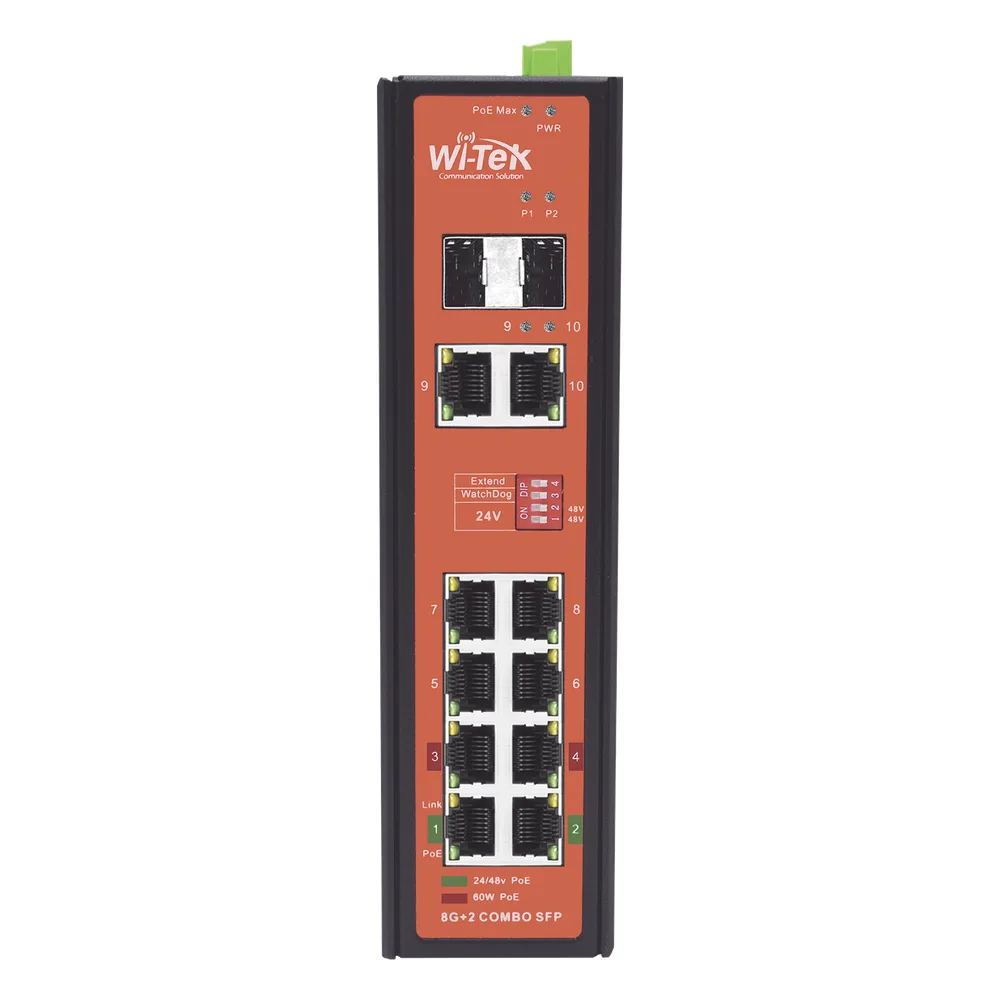 Switch PoE Industrial No administrable / Puertos 1-2 PoE 802.3 af/at y PoE 24 Vcc Pasivo 30W / Puertos 3-4 PoE 802.3 af/at/bt Hasta 60W / Puertos 5-8 PoE 802.3 af/at Hasta 30W / Los 8 puertos son Gigabit + 2 SFP combo / Presupuesto 300W – vista 2