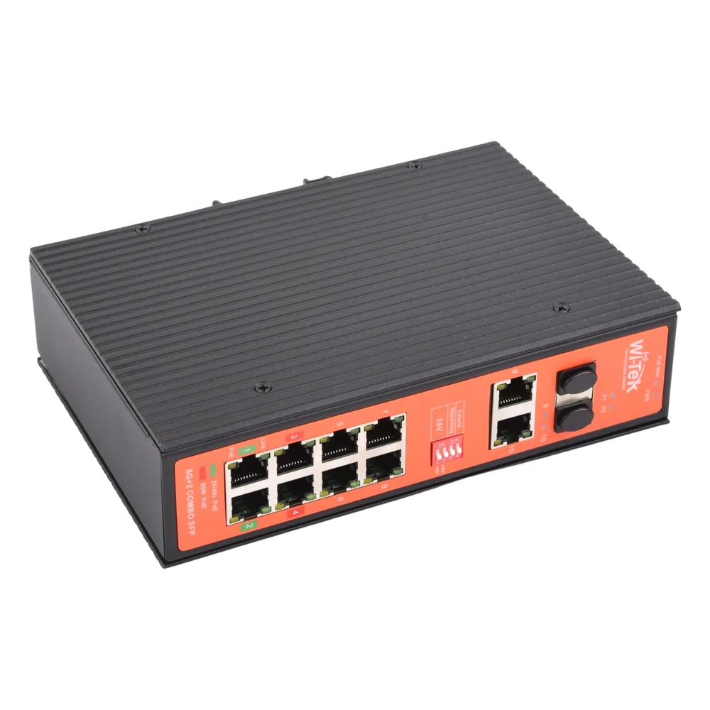 Switch PoE Industrial No administrable / Puertos 1-2 PoE 802.3 af/at y PoE 24 Vcc Pasivo 30W / Puertos 3-4 PoE 802.3 af/at/bt Hasta 60W / Puertos 5-8 PoE 802.3 af/at Hasta 30W / Los 8 puertos son Gigabit + 2 SFP combo / Presupuesto 300W – vista 5