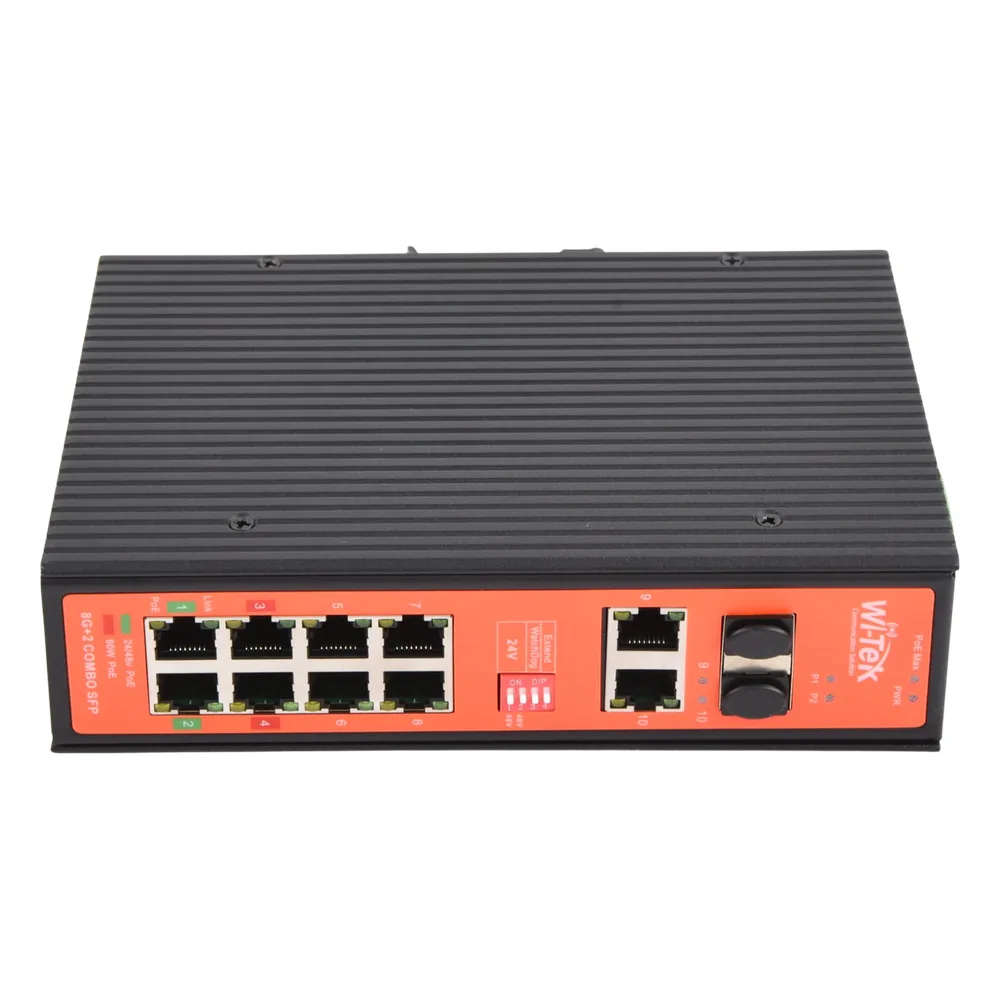 Switch PoE Industrial No administrable / Puertos 1-2 PoE 802.3 af/at y PoE 24 Vcc Pasivo 30W / Puertos 3-4 PoE 802.3 af/at/bt Hasta 60W / Puertos 5-8 PoE 802.3 af/at Hasta 30W / Los 8 puertos son Gigabit + 2 SFP combo / Presupuesto 300W – vista 6