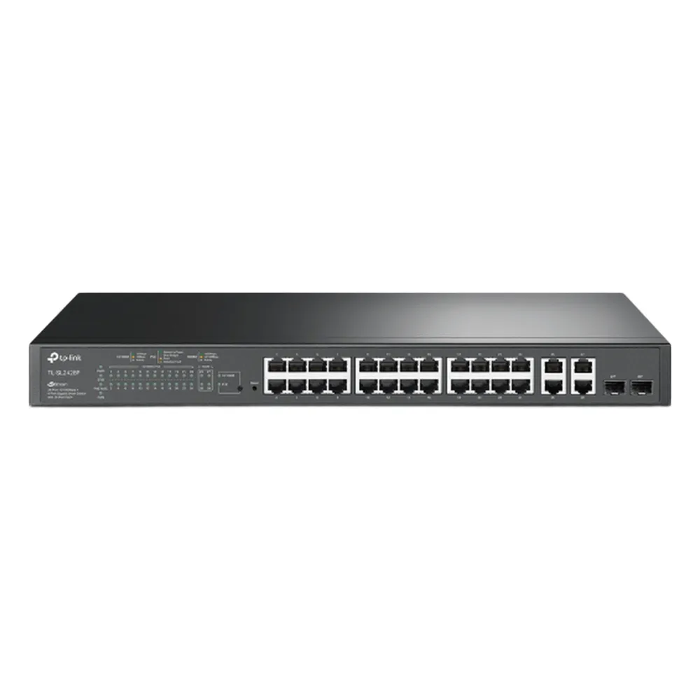 Switch PoE+ JetStream SDN Administrable 24 puertos 10/100 Mbps + 2 puertos 10/100/1000 Mbps (Uplink) + 2 puertos SFP (combo 2 RJ45 10/100/1000 Mbps), 250W, administración centralizada OMADA SDN