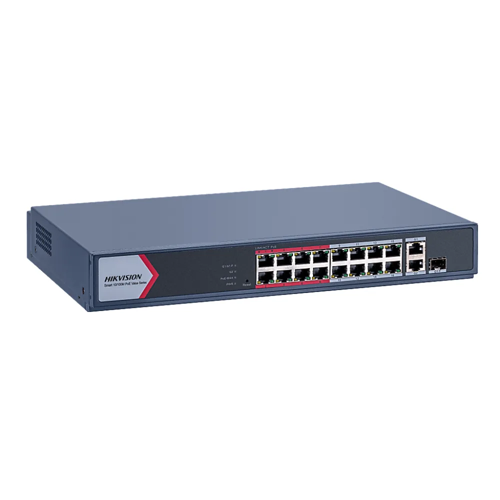 Switch PoE+ / Monitoreable / 16 Puertos 10/100 Mbps PoE+ / 2 Puertos 1000 Mbps Uplink / 1 Puerto SFP Uplink / Modo Extendido hasta 300 Metros / 130 W