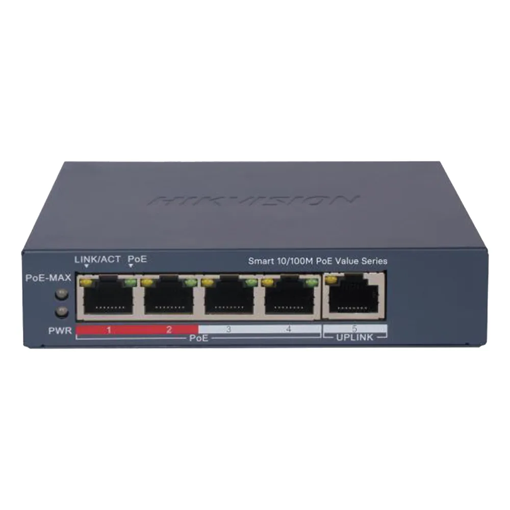 Switch PoE+ / Monitoreable / 4 Puertos 10/100 Mbps PoE+ / 1 Puerto 10/100 Mbps Uplink / Configuración Nube Hik-PartnerPro / Modo Extendido hasta 300 Metros /  45 W – vista 2
