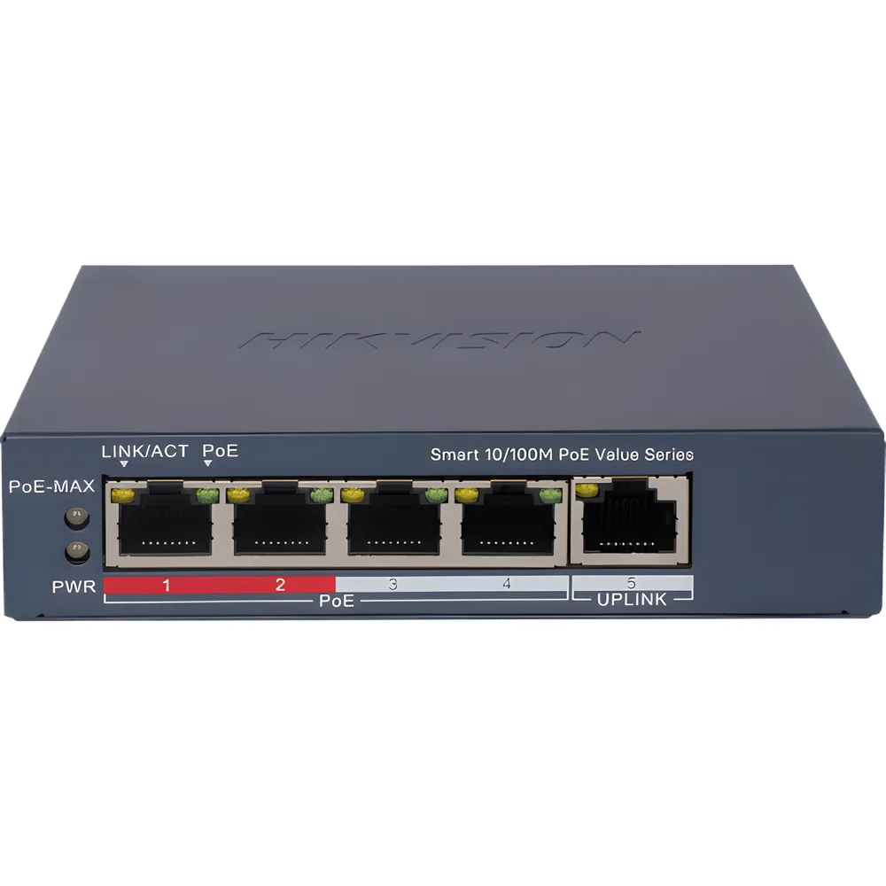 Switch PoE+ / Monitoreable / 4 Puertos 10/100 Mbps PoE+ / 1 Puerto 10/100 Mbps Uplink / Configuración Nube Hik-PartnerPro / Modo Extendido hasta 300 Metros /  45 W – vista 3