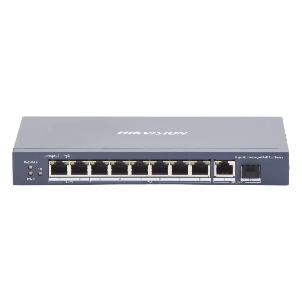 Switch PoE+ / No Administrable / 7 Puertos 1000 Mbps 802.3 af/at (30 W) / 2 Puertos 1000 Mbps Hi-PoE (90 W) / 1 Puertos 1000 Mbps Uplink / 1 Puerto SFP / Modo Extendido hasta 300 Metros / 110 Watts – vista 2