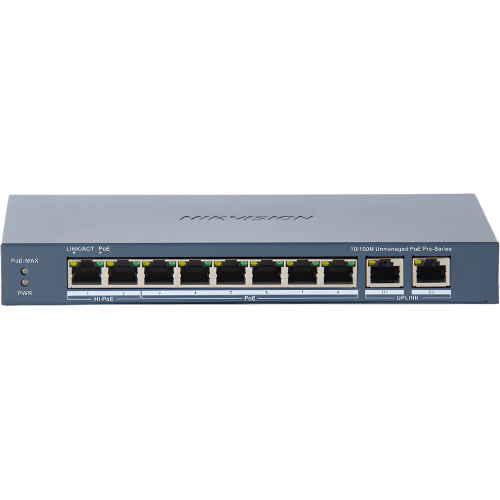 Switch PoE+ / No Administrable / 7 Puertos 10/100 Mbps 802.3 af/at (30 W) / 1 Puerto 10/100 Mbps Hi-PoE (90 W)  / 2 Puertos 1000 Mbps Uplink / Modo Extendido hasta 300 Metros / 110 Watts – vista 2