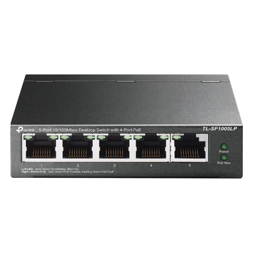 Switch PoE No Administrable de Escritorio / 5 puertos 10/100 Mbps / 4 puertos PoE af / Presupuesto 41 W / Modo extensor PoE hasta 250 metros / Calidad video prioritaria