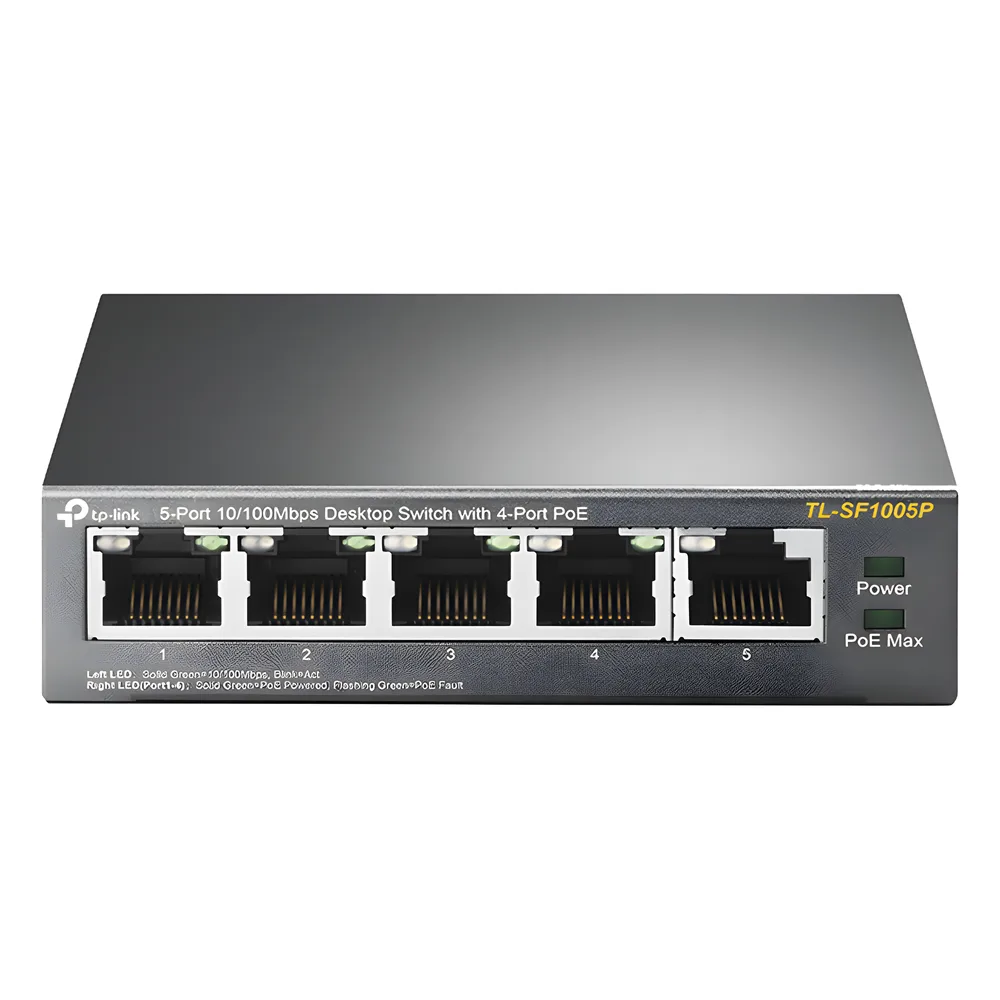 Switch PoE no Administrable de escritorio / 5 puertos 10/100 Mbps / 4 puertos PoE af/at / Presupuesto 67 W / Modo Extensor hasta 250 m / Calidad video prioritaria – vista 2