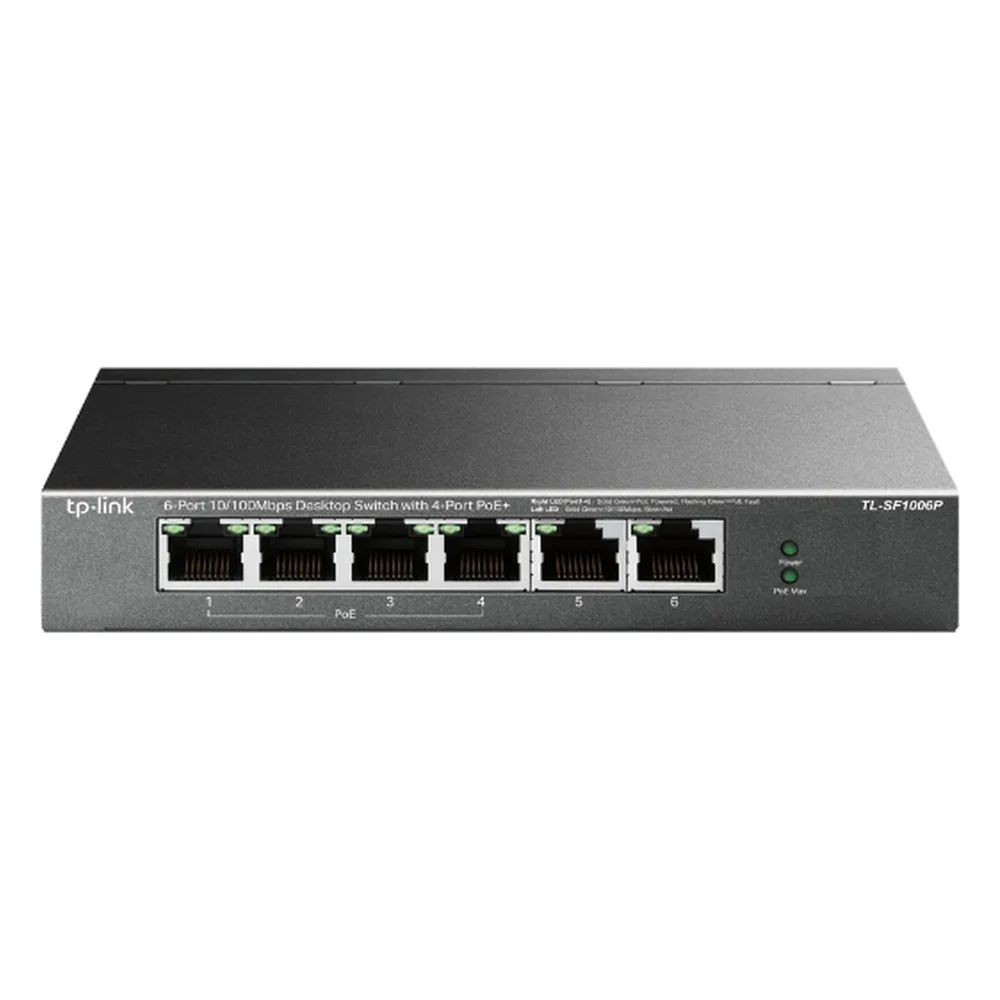 Switch PoE no Administrable de escritorio / 6 puertos 10/100 Mbps / 4 puertos PoE af/at / Presupuesto 67 W / Modo Extensor hasta 250 m / Calidad video prioritaria – vista 2