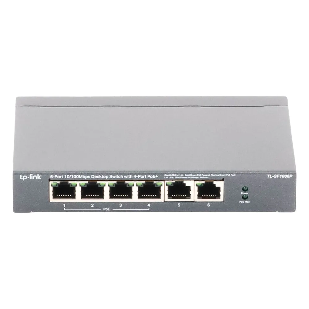 Switch PoE no Administrable de escritorio / 6 puertos 10/100 Mbps / 4 puertos PoE af/at / Presupuesto 67 W / Modo Extensor hasta 250 m / Calidad video prioritaria – vista 3