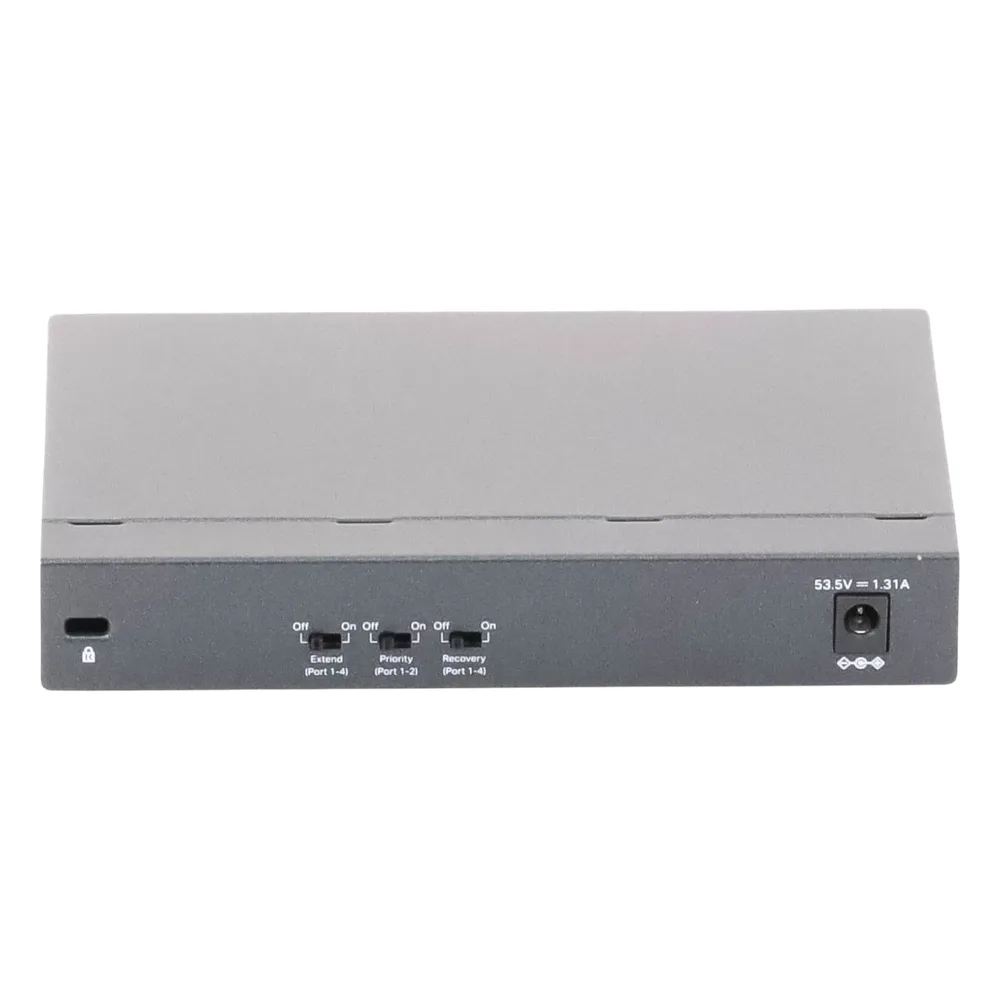 Switch PoE no Administrable de escritorio / 6 puertos 10/100 Mbps / 4 puertos PoE af/at / Presupuesto 67 W / Modo Extensor hasta 250 m / Calidad video prioritaria – vista 4