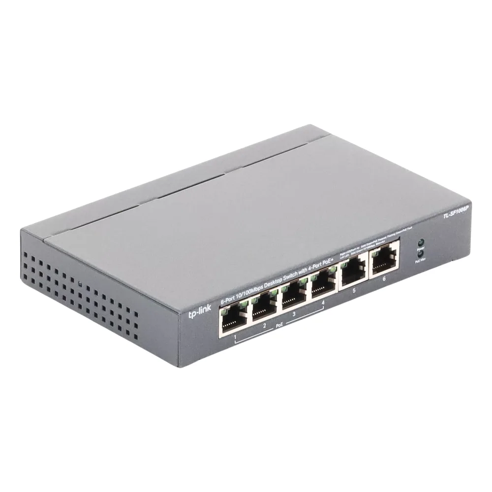 Switch PoE no Administrable de escritorio / 6 puertos 10/100 Mbps / 4 puertos PoE af/at / Presupuesto 67 W / Modo Extensor hasta 250 m / Calidad video prioritaria – vista 6