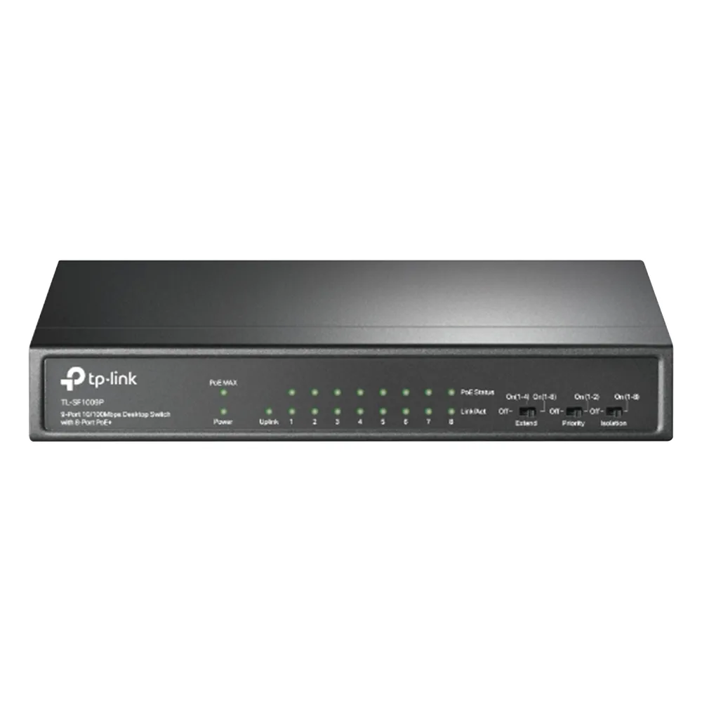 Switch PoE+ No Administrable / De Escritorio 9 puertos 10/100 Mbps / 8 puertos PoE af/at Inteligente / Presupuesto 65 W / Hasta 250 metros