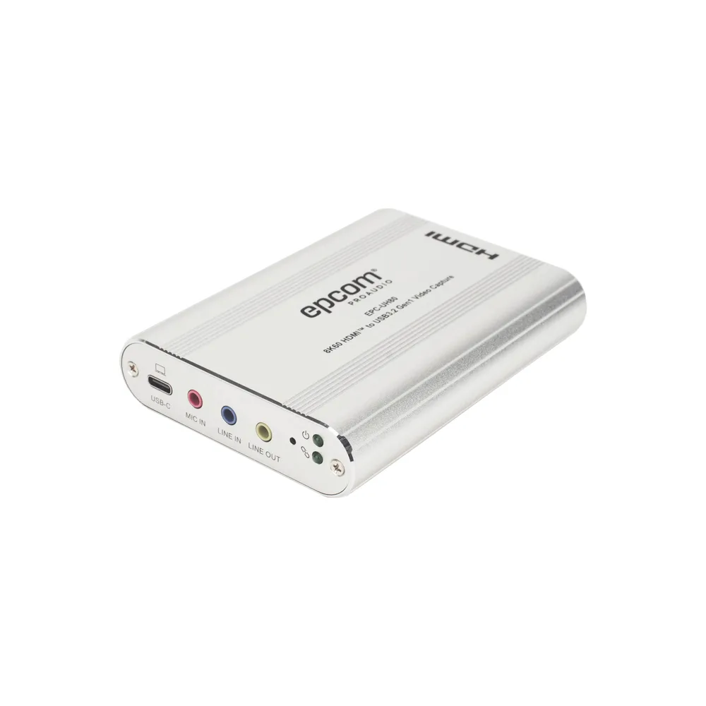 Tarjeta de Captura HDMI 8K a USB 3.2 Gen 1 | Resolución 8K@60Hz y 4K2K@144Hz | Ancho de Banda 48Gbps | Mezcla de Audio HDMI-Micrófono-Línea | Compatibilidad Multiplataforma Windows-macOS-Linux | Carcasa de Aluminio Plateado – vista 2