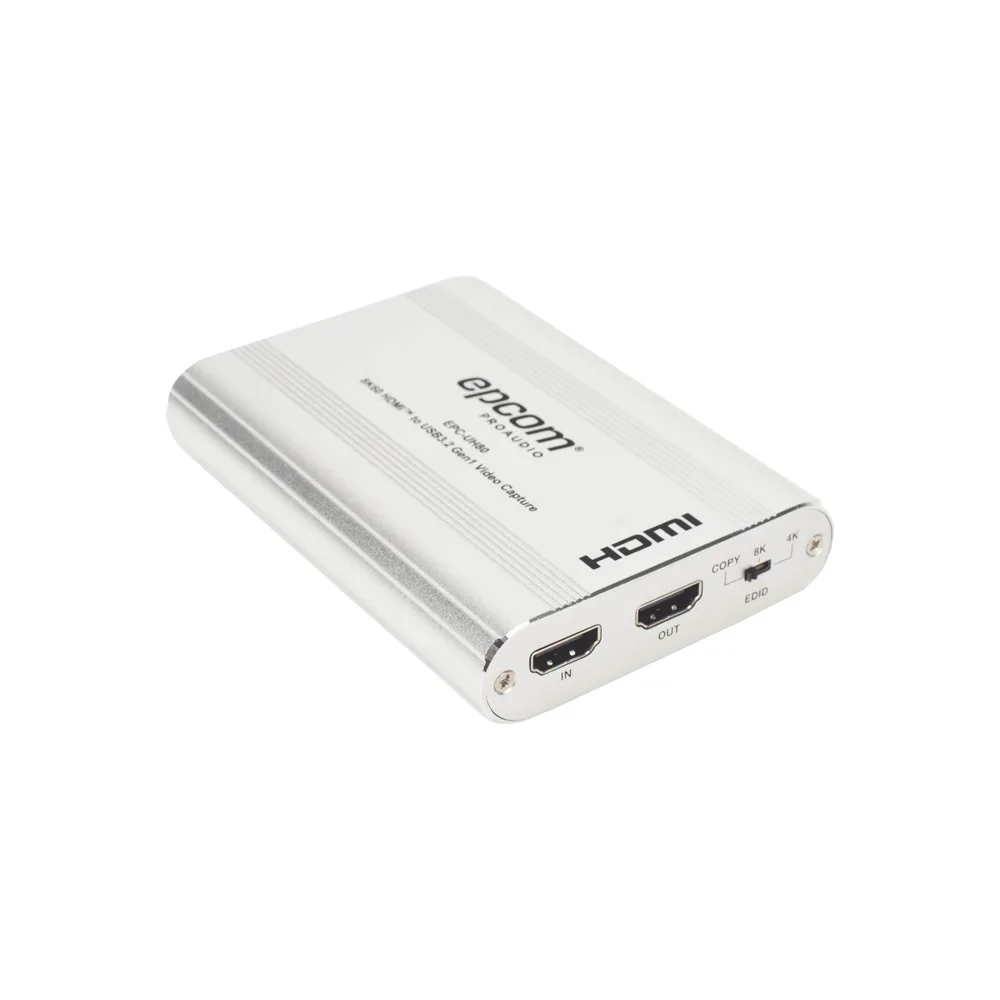 Tarjeta de Captura HDMI 8K a USB 3.2 Gen 1 | Resolución 8K@60Hz y 4K2K@144Hz | Ancho de Banda 48Gbps | Mezcla de Audio HDMI-Micrófono-Línea | Compatibilidad Multiplataforma Windows-macOS-Linux | Carcasa de Aluminio Plateado – vista 3