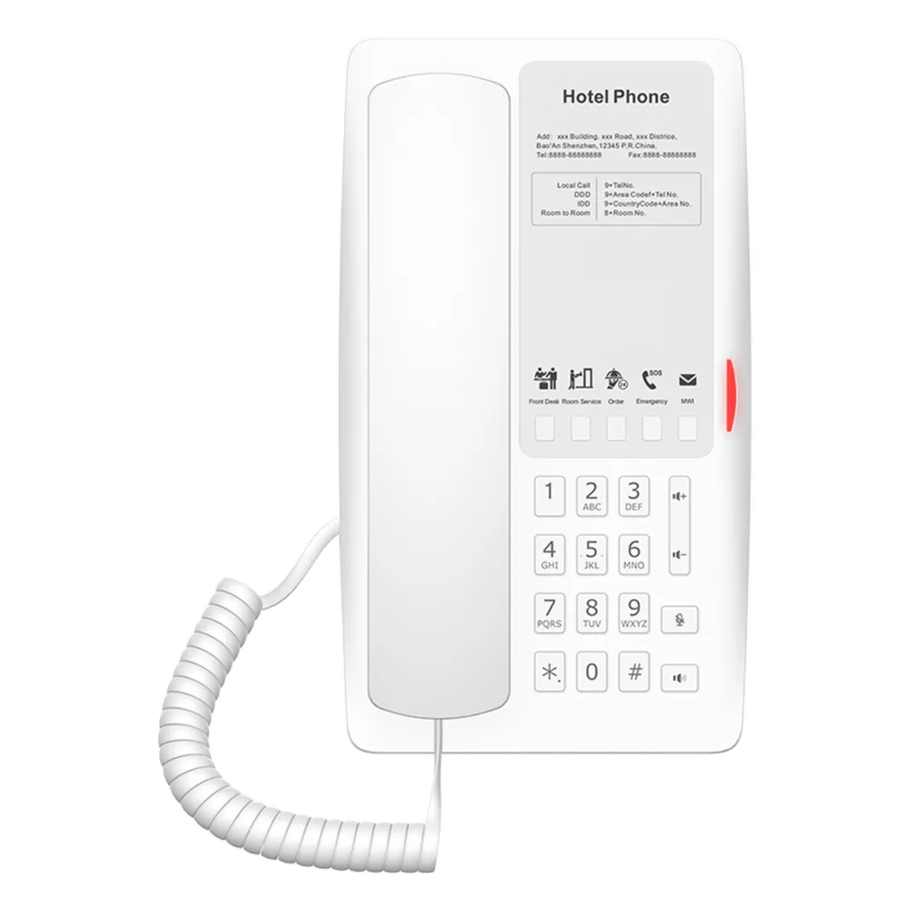 Teléfono IP Hotelero / 2 Líneas SIP / 5 Teclas Programables / Puerto USB-A de Carga / PoE 802.3af / Diseño Blanco / Audio HD Manos Libres