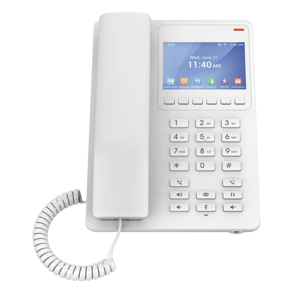 Teléfono IP Hotelero con pantalla LCD a color, 2 líneas SIP con 2 cuentas, codec Opus, IPV4/IPV6, color blanco, con gestión en la nube GDMS – vista 3