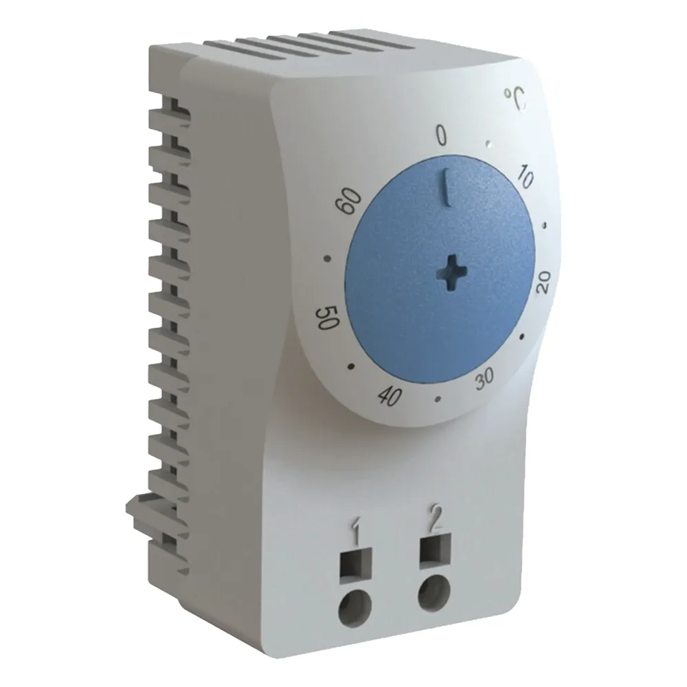 Termostato/Interruptor Para Control de Temperatura en Grados Fahrenheit, Para Uso con Ventiladores, Con Terminales de Conexión, y Clip para Riel Din de 35 mm, Color Gris Claro