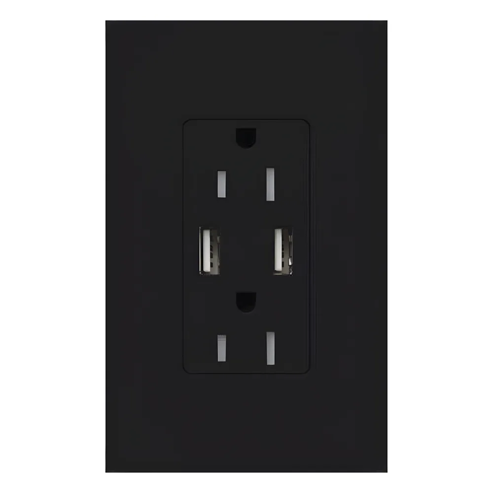 Tomacorriente de pared 15 A con dos puertos USB tipo A de 3.8 A para carga de dispositivos, resistente a manipulaciones, línea Satin Colors color Midnight