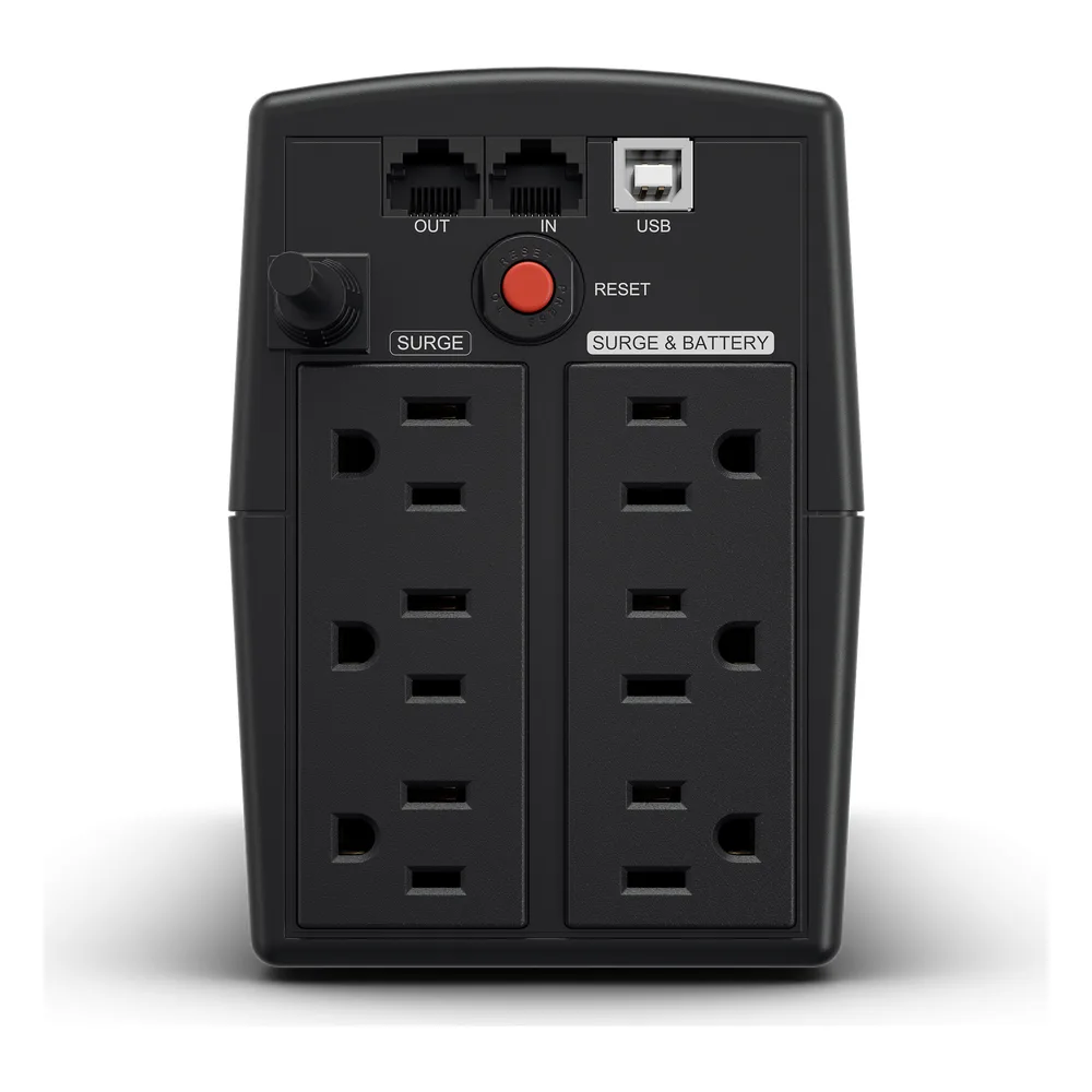 UPS de 900 VA/420 W, Topología Línea Interactiva, Entrada 120 Vca NEMA 5-15P, y 6 Salidas NEMA 5-15R, Con Regulador de Voltaje (AVR) – vista 3