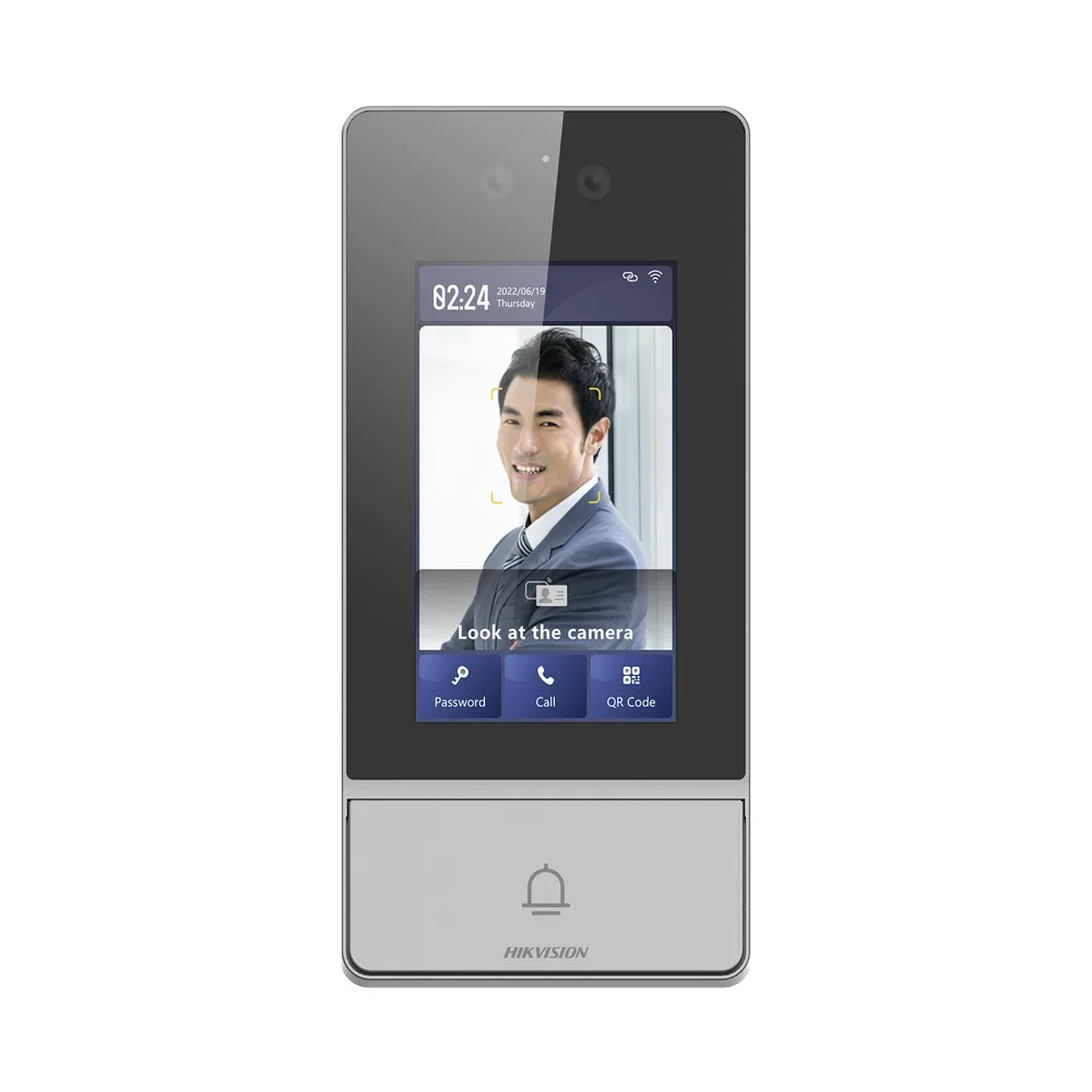 Videoportero IP 2 Megapixel / Llamada y Apertura Remota desde App Hik-Connect / Reconocimiento Facial / Panel touch 4.3"/ Exterior IP65 + Antivandalico IK08 / Botón mecanico de llamada / PoE / 1 Departamento / Apertura con Tarjeta, Codigo PIN – vista 3