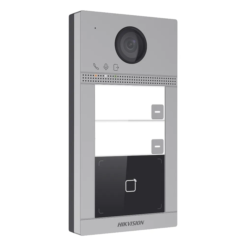 Videoportero IP 2 Megapixel / Llamada y Apertura Remota desde App Hik-Connect (requiere monitor) / PoE / Exterior IP65 + Antivandalico IK08 / 2 Departamentos / Apertura con Tarjeta / Soporta 2 Puertas y hasta 6 Monitores