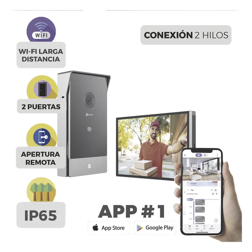 Videoportero IP Conexión a 2 Hilos / Con Monitor Wi-Fi para Interior / Frente de Calle  IP65 Uso En Exterior Debe Tener Protección / Cámara 3 Megapíxel / Llamada a la App / Apertura remota  / Apertura de 1 Puerta y un 1 Porton